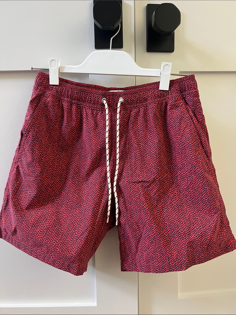 J. Crew Red Geometric Swim Trunks with Drawstring